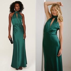 SOMETHING NAVY‎ 70s Emerald Satin Cutout Halter Tie Neck Sleeveless Maxi Gown XL